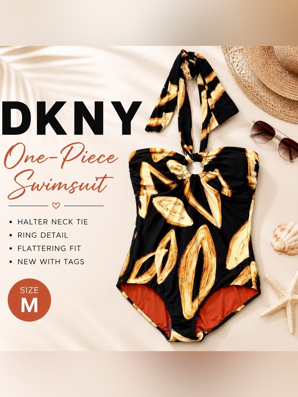 DKNY Ring Halter Neck One Piece Swimsuit In Mocha Multi Black, NWT